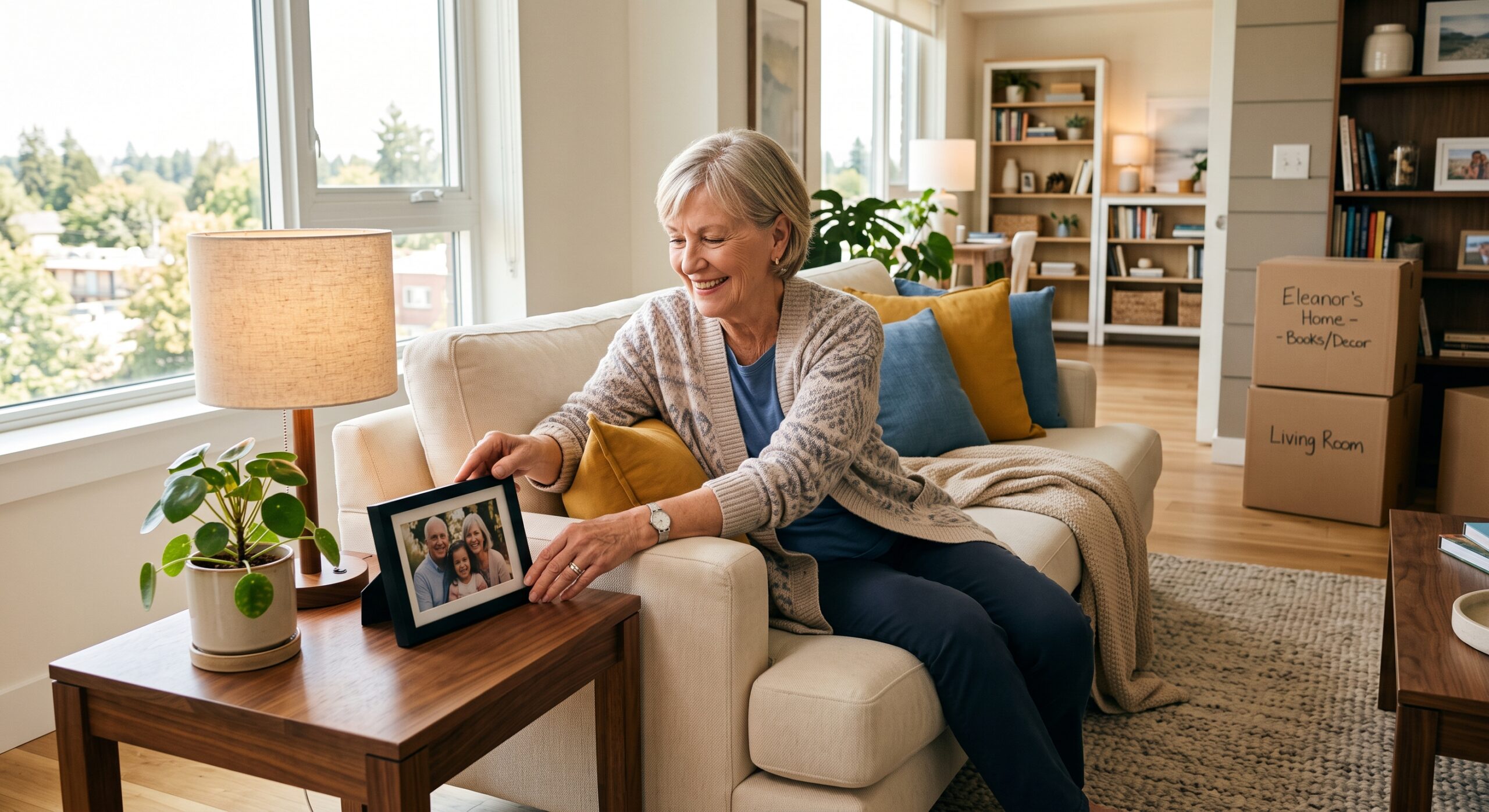 downsizing-for-senior-living-pittsburgh-suite A senior woman happily setting up framed family photos during her transition to downsizing for senior living in Pittsburgh.