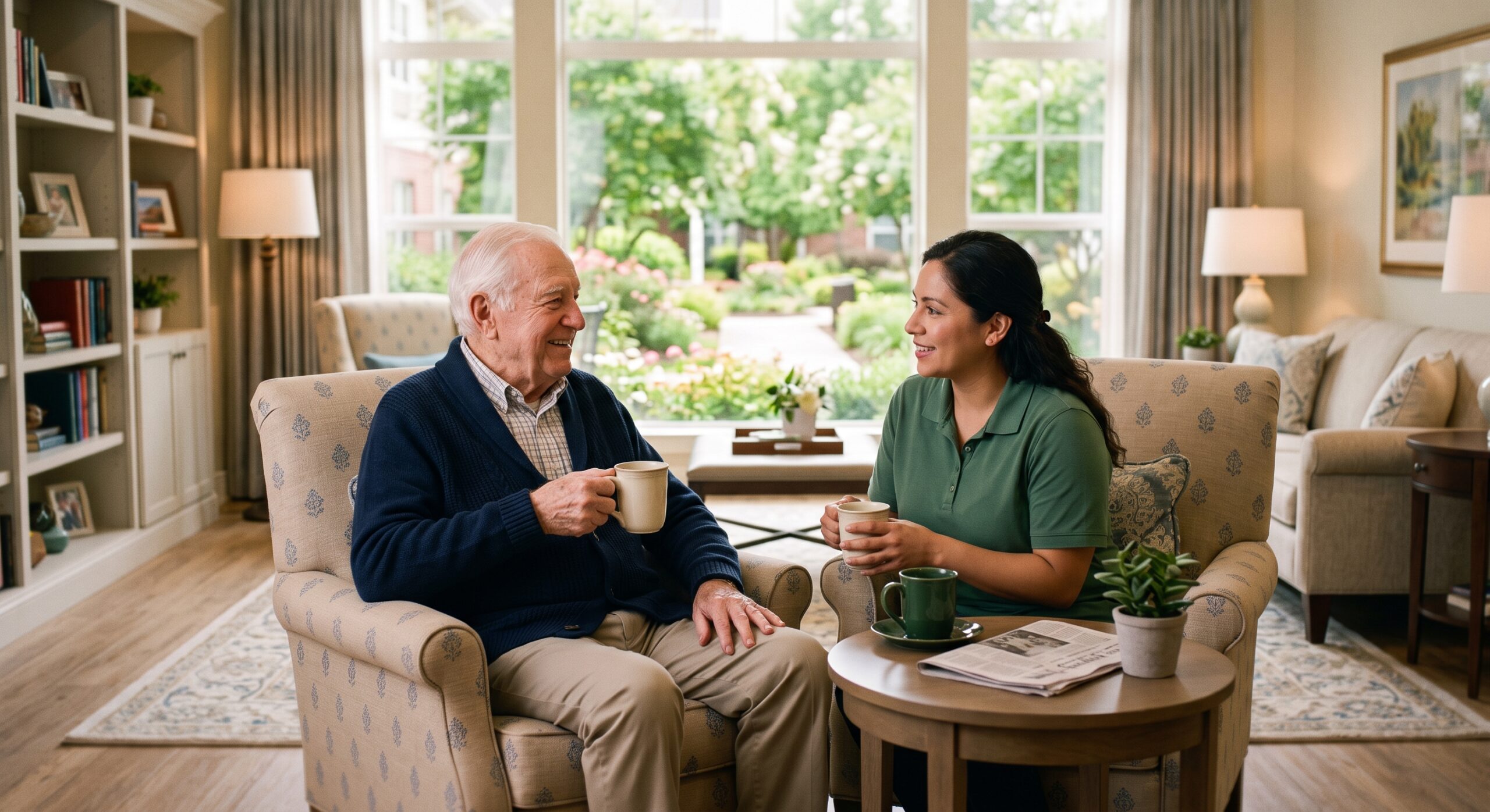 memory-care-vs-senior-living-comparison A compassionate caregiver having a warm conversation with an older adult resident in a sunlit personal care lounge, illustrating the choice between memory care and senior living.
