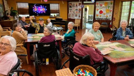 Seniors enjoying a game of bingo in an assisted living facility