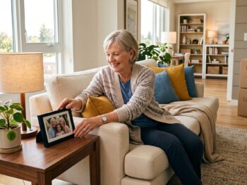 A senior woman happily setting up framed family photos during her transition to downsizing for senior living in Pittsburgh.