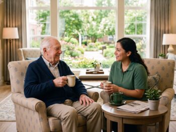 A compassionate caregiver having a warm conversation with an older adult resident in a sunlit personal care lounge, illustrating the choice between memory care and senior living.